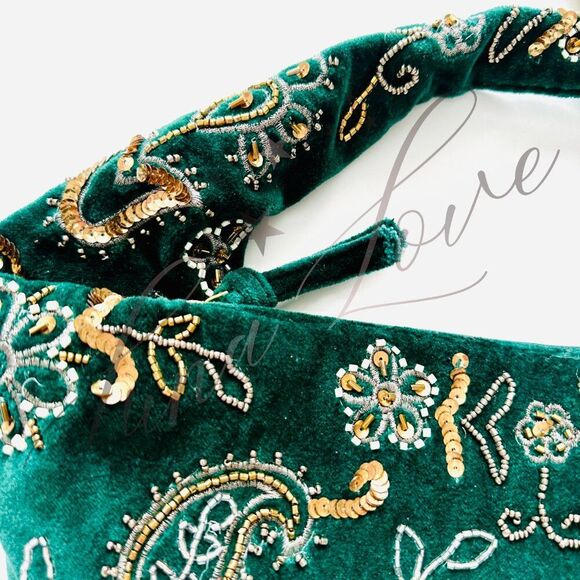 FREE PEOPLE Nashville Nights Beaded Sequin Velvet Shoulder Bag In Green NWT - Picture 6 of 9